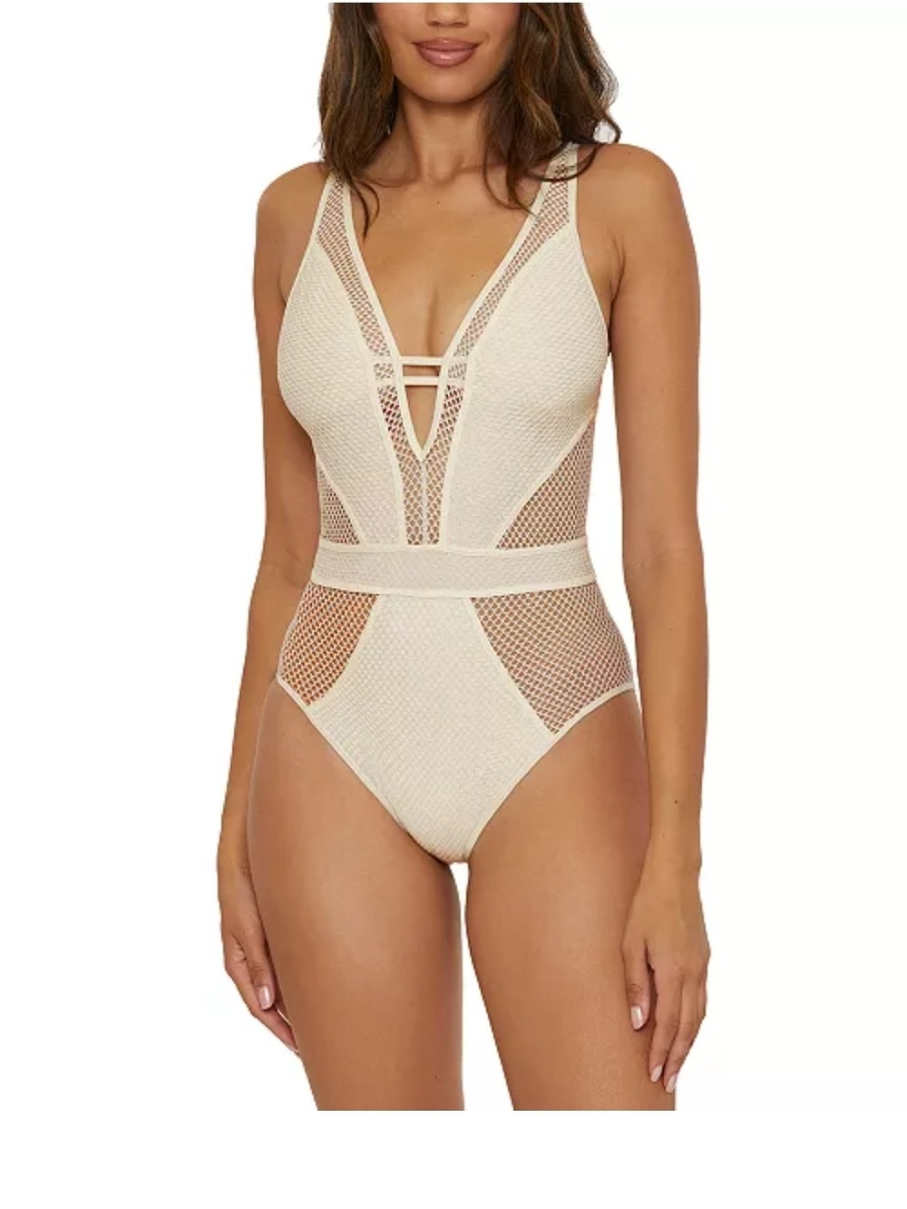 BECCA Cream Crochet Mesh One-Piece Swimsuit Large